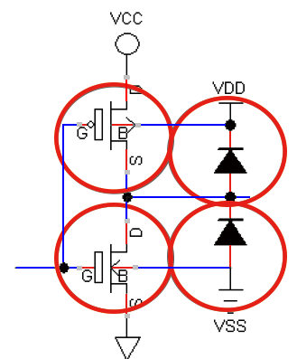 Forward bias diodes including mosfet bulk-source/drain diodes.